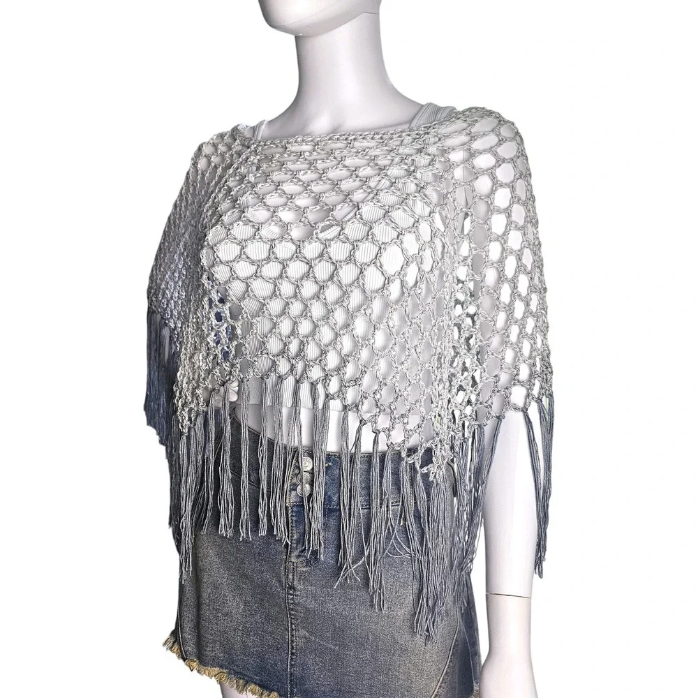 Handmade Crochet Shawl Women Gray Ombre Fringe Cotton Boho Poncho - Picture 9 of 10